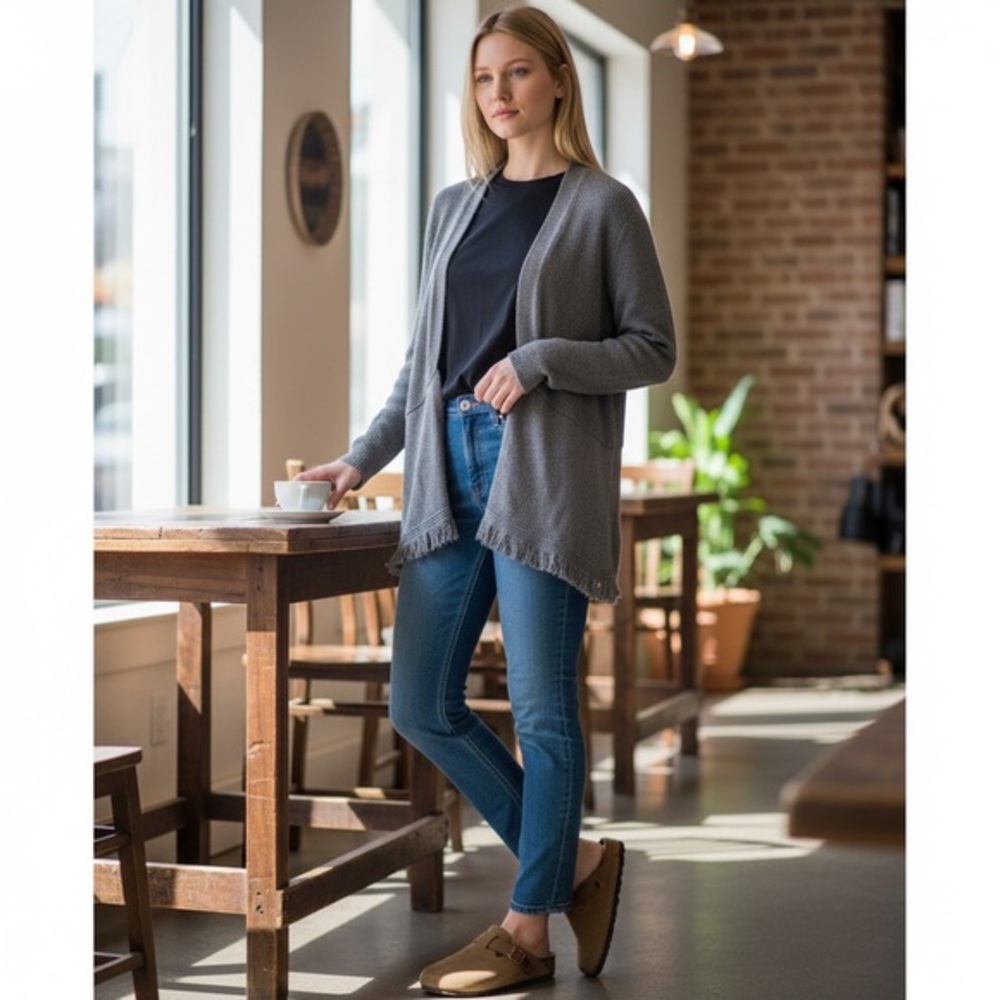 Sparrow Anthropologie Gray Grand Drape Fringe Cardigan Sweater Size Medium
